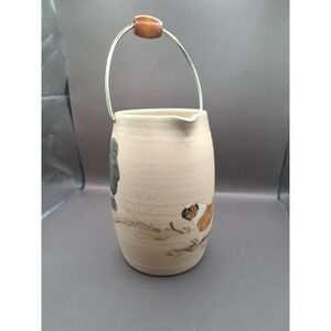 Glazed Studio Art Pottery Pitcher Artist Signed Handled Large Breed Dogs Canine